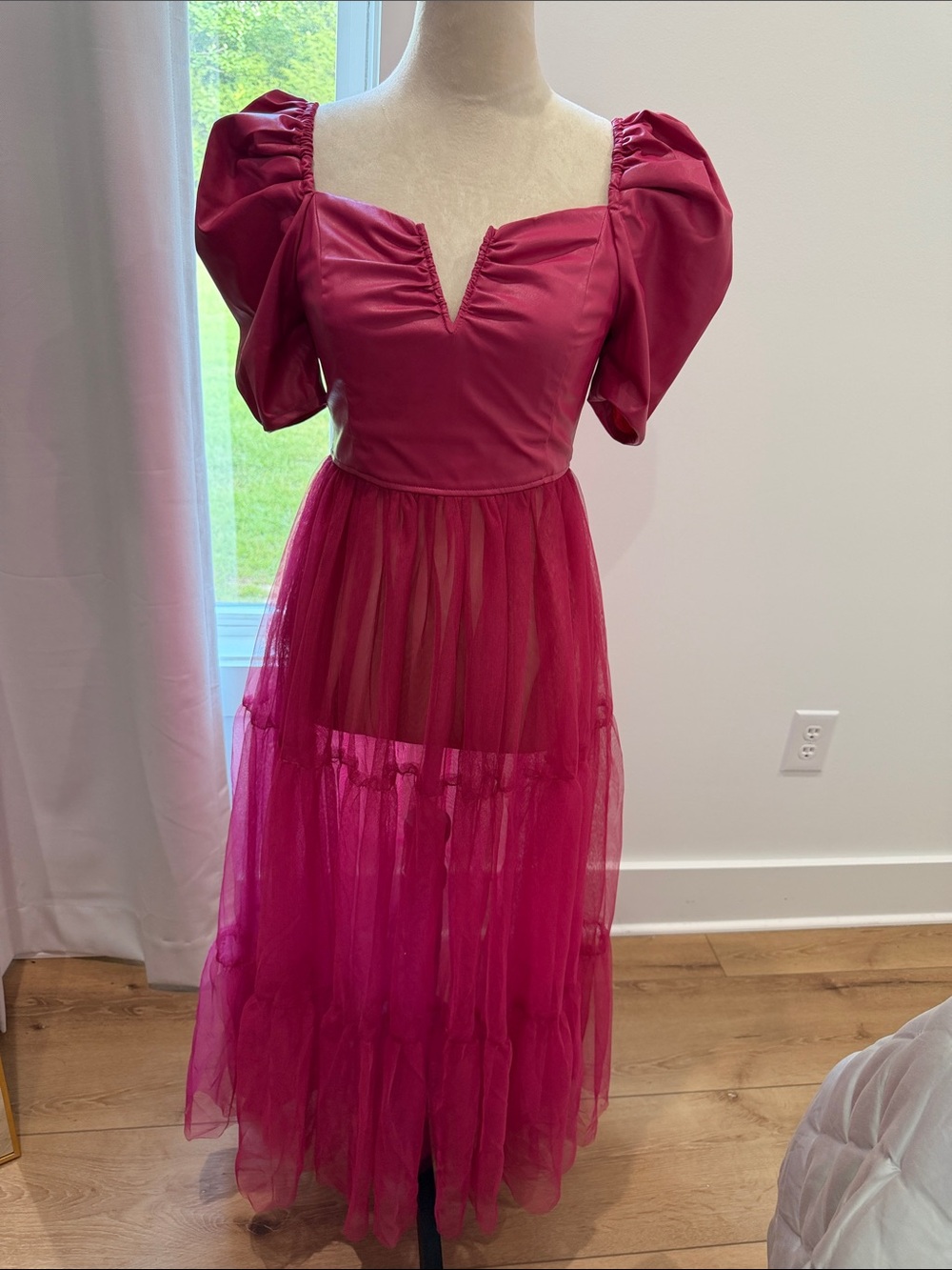 Fuchsia Puff Sleeve Tulle Top/maxi Dress